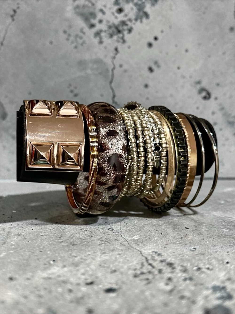 Boho Leopard Print Bracelet Stack Gold Pyramid Stud Cuff Multi Strand Beaded Set